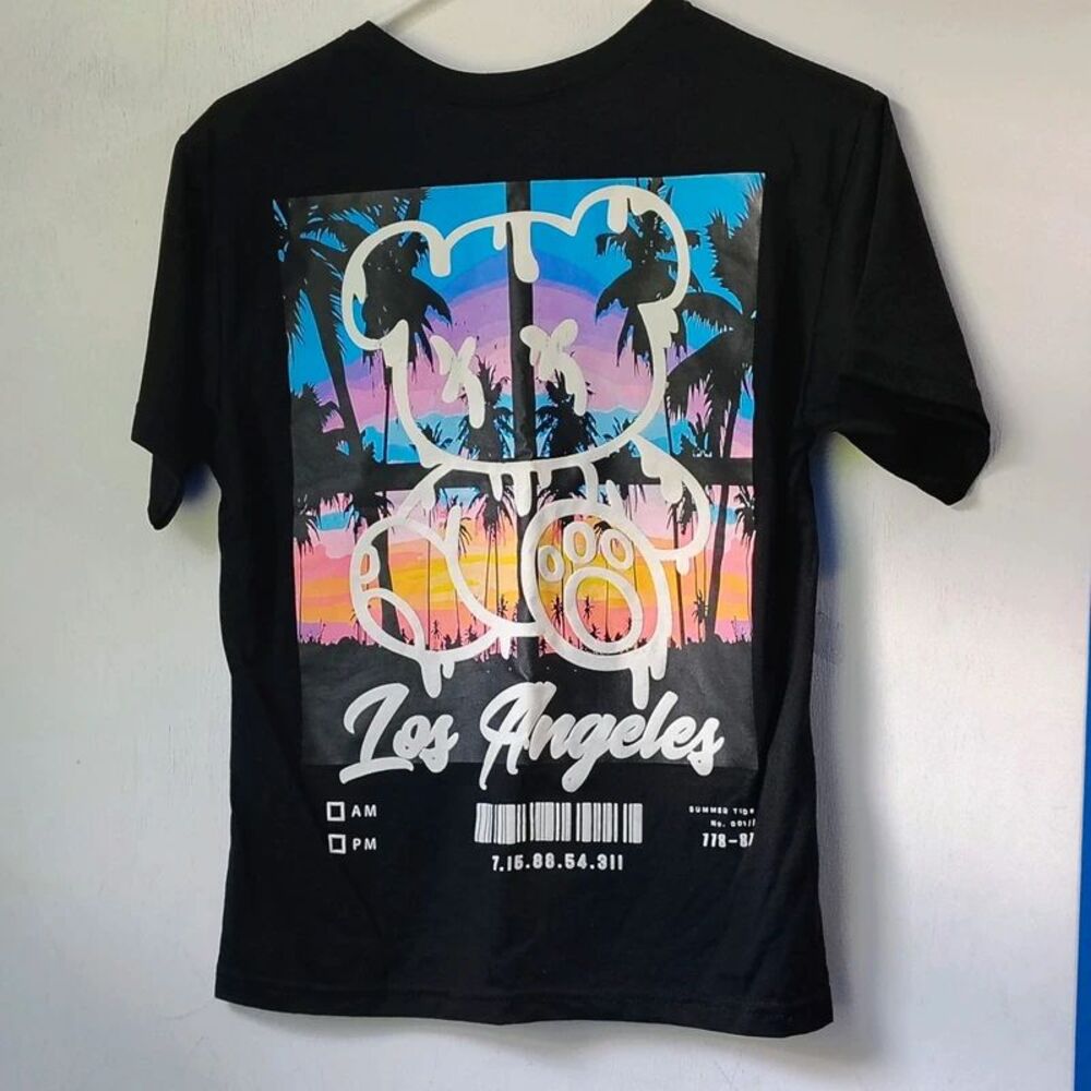 Y2K Style T-Shirt Graphic Tee Youth Size 14/16 Los Angeles BearPrint Black Color